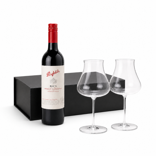 Penfolds Max's Shiraz Cabernet with two Denver and Liely wine glasses and matte black gift box on white background